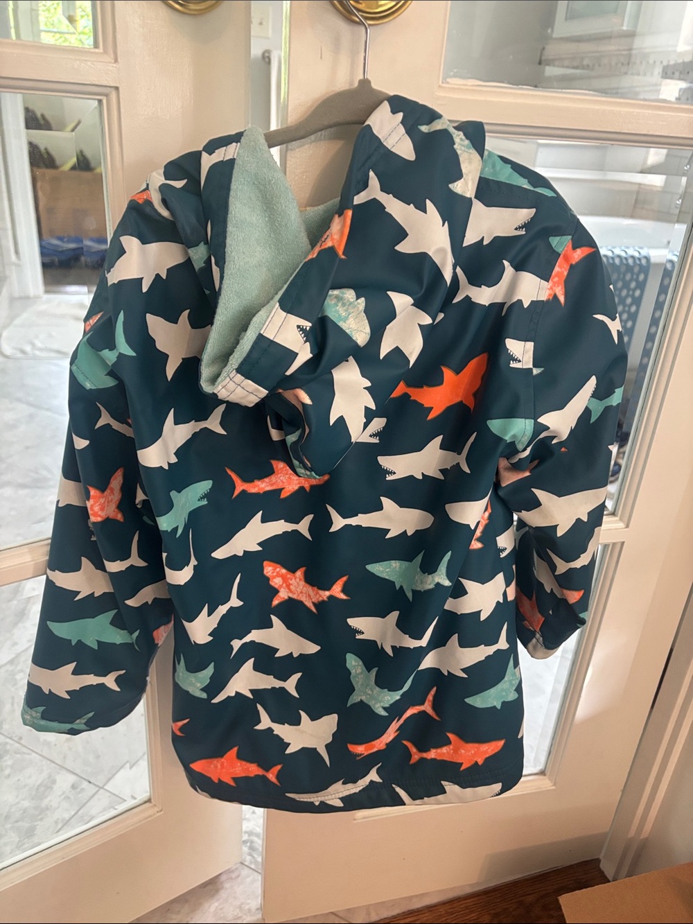 Hatley Navy Shark Print Raincoat with Orange & Teal Accents - Picture 3 of 3